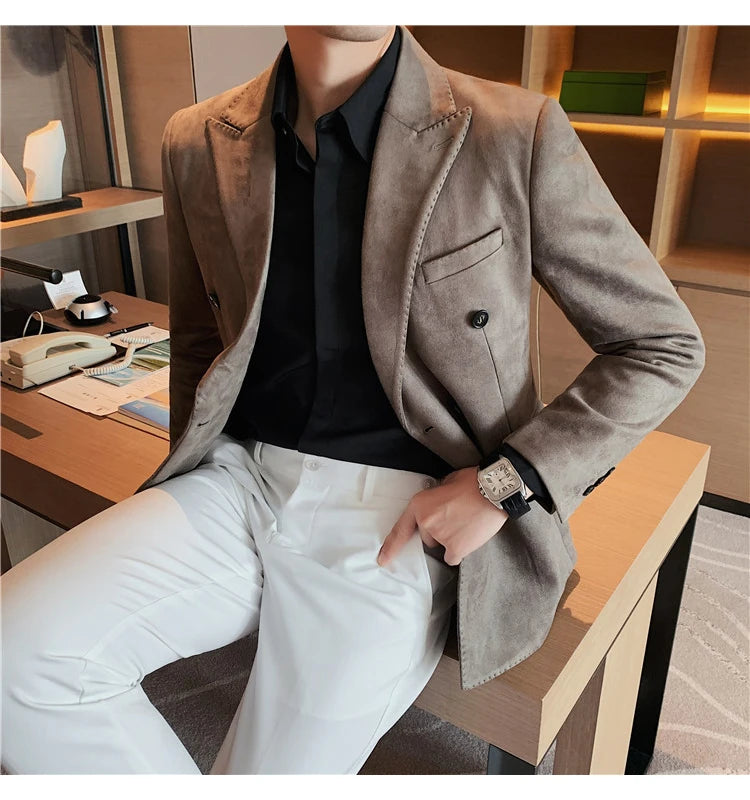Chaqueta de ante con botones de doble botonadura para hombre, traje de negocios informal, ropa de calle Social, otoño e invierno, 2023