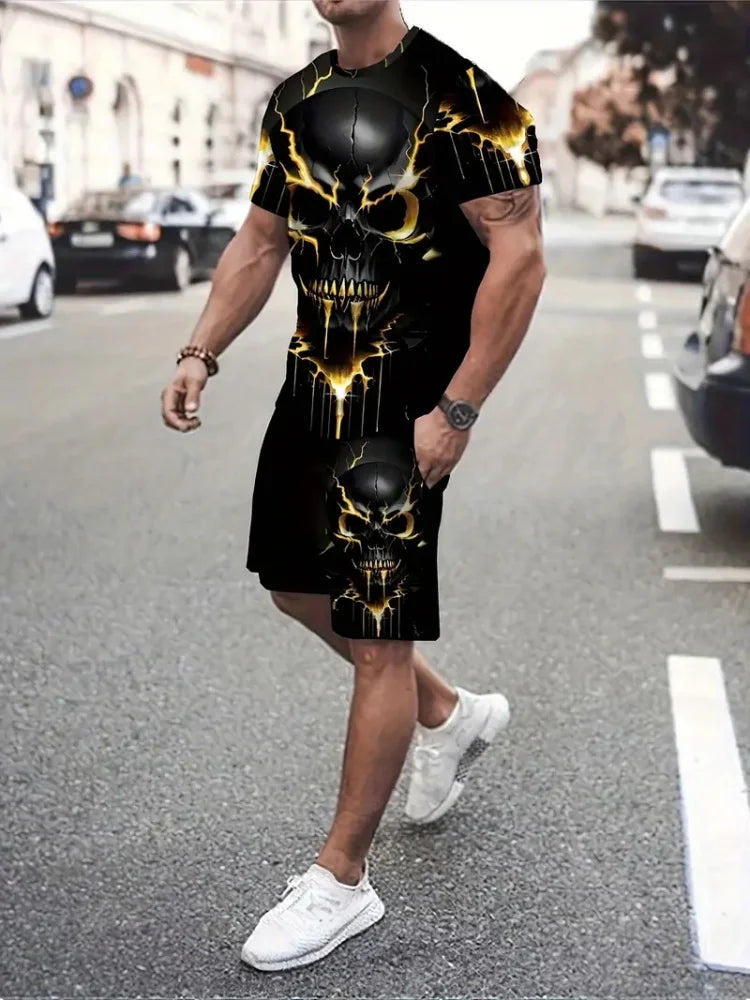 Sencillo de mármol con estampado en 3D, Top y Shorts de cuello redondo para hombres, moda urbana, traje informal de día a día para hombres