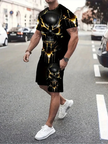 Sencillo de mármol con estampado en 3D, Top y Shorts de cuello redondo para hombres, moda urbana, traje informal de día a día para hombres