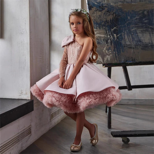 Nuevo Vestido de Princesa con Lazo en un Hombro y Manga Larga para Niñas 2026, Traje Formal para Fiesta de Cumpleaños, Celebración o Desfile Infantil
