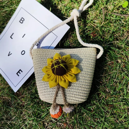 Bolso de hombro hecho a mano para niños y niñas, con flores bandolera de paja, monedero para llaves, Mini bolso de princesa