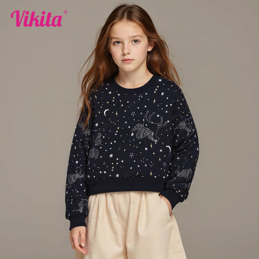 VIKITA, sudadera con estampado de unicornio y Luna estrellada para niños, Tops para adolescentes, ropa deportiva de otoño y primavera, sudadera informal de algodón a la moda