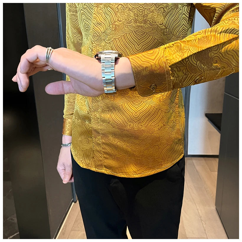 Camisas estampadas de manga larga con cuello levantado para primavera y otoño, camisa informal de moda para hombre de estilo chino Formal Social de negocios
