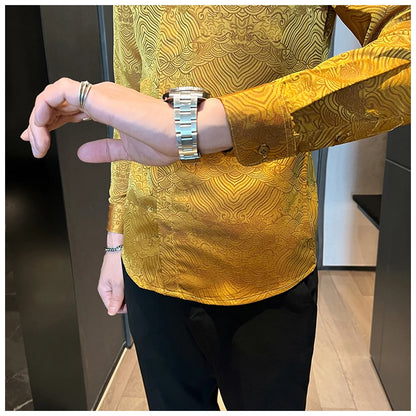 Camisas estampadas de manga larga con cuello levantado para primavera y otoño, camisa informal de moda para hombre de estilo chino Formal Social de negocios