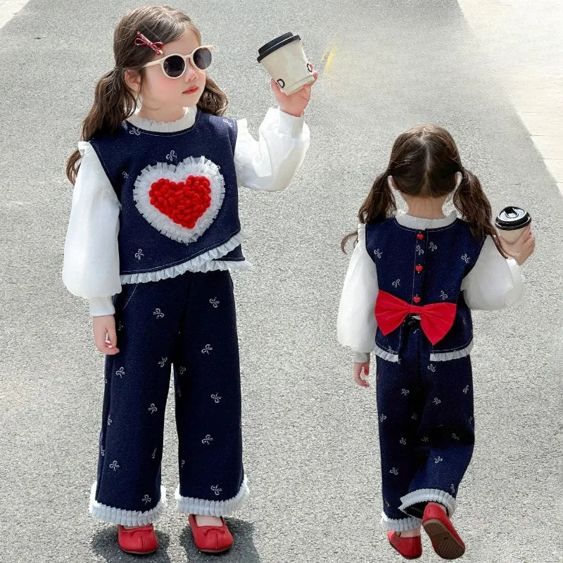 Conjunto de tres piezas con lazo grande de amor para niña, edición coreana de moda de primavera y otoño, ropa para niña