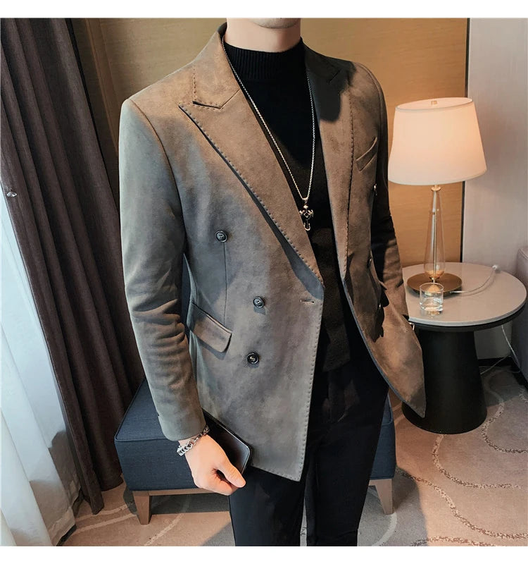 Chaqueta de ante con botones de doble botonadura para hombre, traje de negocios informal, ropa de calle Social, otoño e invierno, 2023