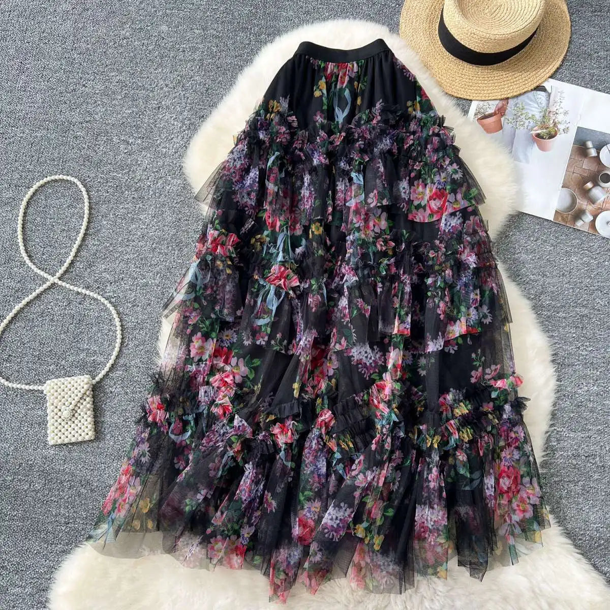 Falda Midi de Malla con Estampado Floral de Cintura Alta Estilo Coreano para Mujer, Falda Hada Abullonada de Fibra de Poliést...