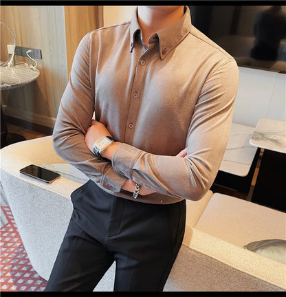 Camisa de ante de alta calidad para hombre, camisas de negocios informales de manga larga para otoño e invierno, blusa de esmoquin para fiesta Social, ropa para hombre 2023