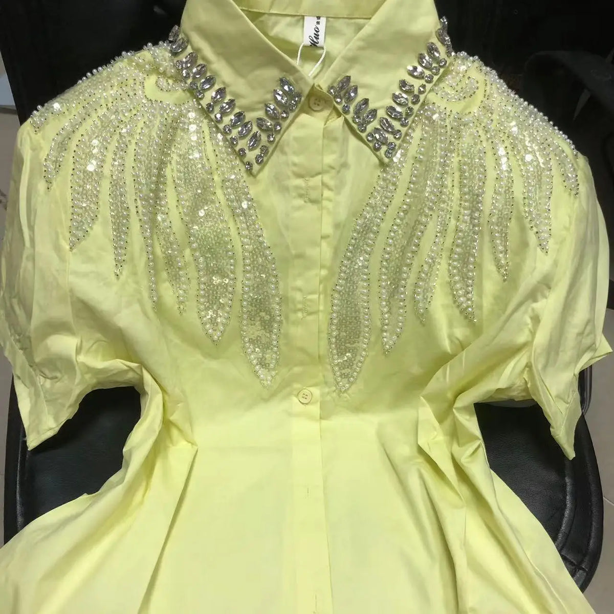 Blusas de Algodón con Cuentas y Lentejuelas Bordadas, Fotos Reales, Camisas de Mujer, Verano 2026, Manga Corta, Tops de Oficina para Dama, Camisas de Mujer