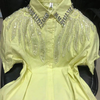 Blusas de Algodón con Cuentas y Lentejuelas Bordadas, Fotos Reales, Camisas de Mujer, Verano 2026, Manga Corta, Tops de Oficina para Dama, Camisas de Mujer
