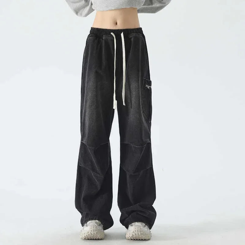 Pantalones vaqueros Cargo plisados de calle alta de otoño para Hombre, Pantalones vaqueros rectos de pierna ancha con bolsillo, moda Hip Hop Y2K, Vaqueros holgados