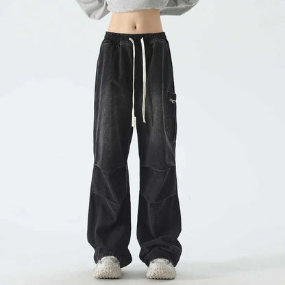 Pantalones vaqueros Cargo plisados de calle alta de otoño para Hombre, Pantalones vaqueros rectos de pierna ancha con bolsillo, moda Hip Hop Y2K, Vaqueros holgados
