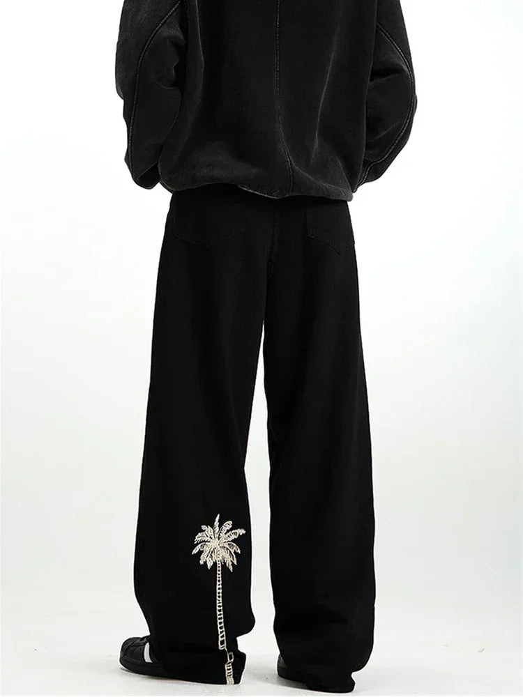 Pantalones Vaqueros de Hombre con Bordado de Palmeras, Estilo Casual, Negros, Rectos, Holgados, Moda Hip Hop, Streetwear Y2K