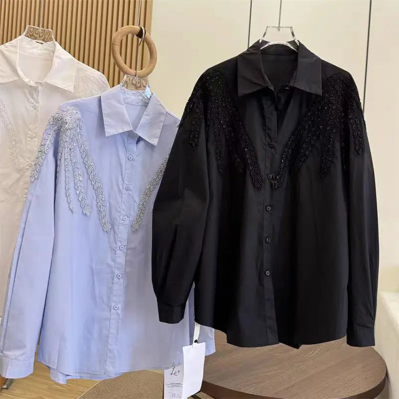 Blusas de algodón con bordado de lentejuelas de lujo, camisas para mujer, tendencia, nueva moda, Tops informales sueltos, Blusas, camisa de oficina para mujer, Tops