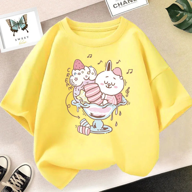 Camiseta bonita de dibujos animados de batido de leche de fresa para niñas, camisetas rosas con gráfico de manga corta para niños
