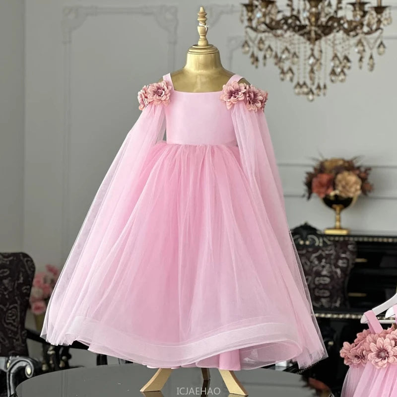 Vestido de boda para niños, vestidos de boda rosas con flores para niñas, ropa para niños, actuación de Piano, presentador, vestido de fiesta de cumpleaños de princesa, disfraz
