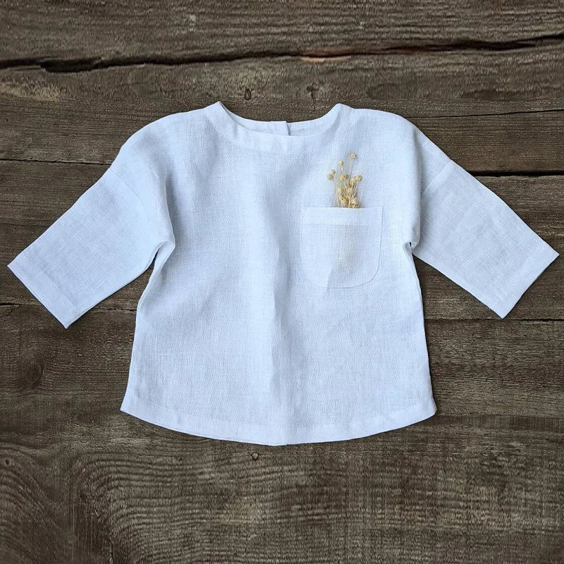 Camisa de lino para niño, camisetas de manga larga de algodón y lino de cuello redondo de estilo rústico con bolsillo, color liso, novedad de primavera, TZ410