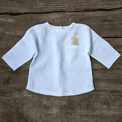 Camisa de lino para niño, camisetas de manga larga de algodón y lino de cuello redondo de estilo rústico con bolsillo, color liso, novedad de primavera, TZ410