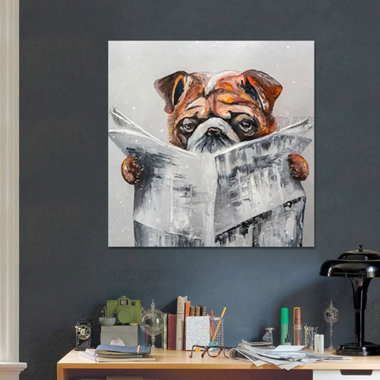 Pintura al óleo con imagen de libro de lectura de perro de dibujos animados, regalo de Navidad pintado a mano, decoración de pared del dormitorio para niños, arte animal sobre lienzo