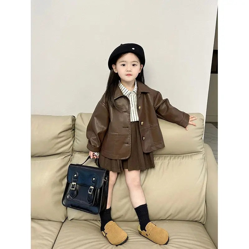 Conjunto de tres piezas para niña, abrigo a la moda, camisa elegante, Falda corta, novedad de otoño, 2024