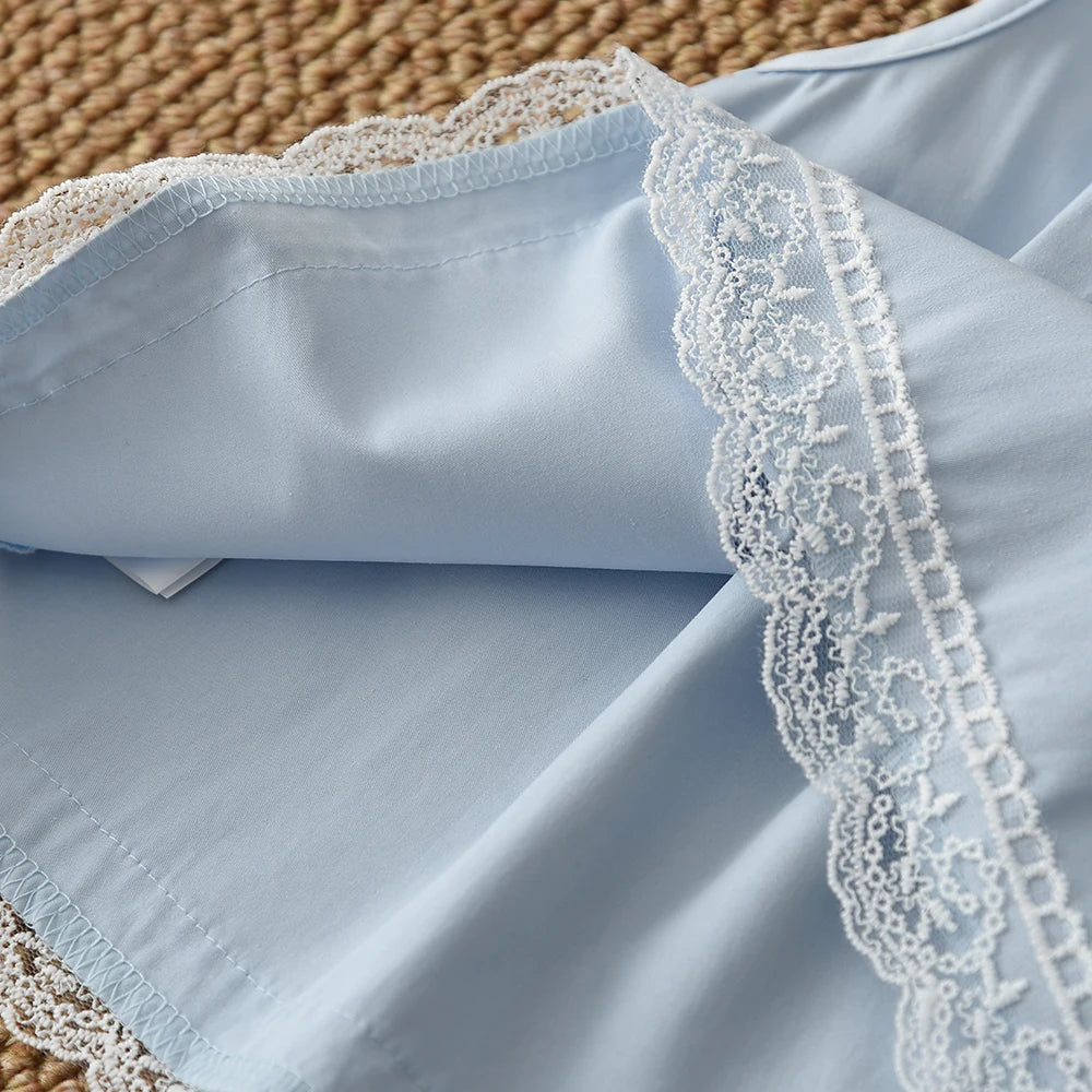 Conjunto Casual Azul Dulce y Lindo Estilo Coreano con Top de Tirantes de Encaje y Pantalones Anchos de Dos Piezas para Niñas de 3 a 7 Años para el Verano