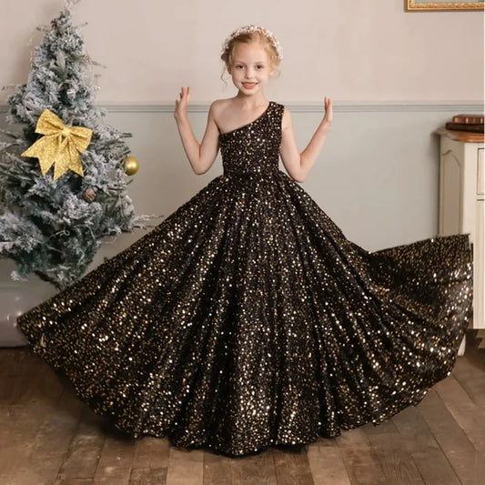 Vestido de fiesta de princesa de un hombro para niñas, para Piano, violín, actuación, modelo de presentador, espectáculo, desfile para niños, disfraz de celebración Formal