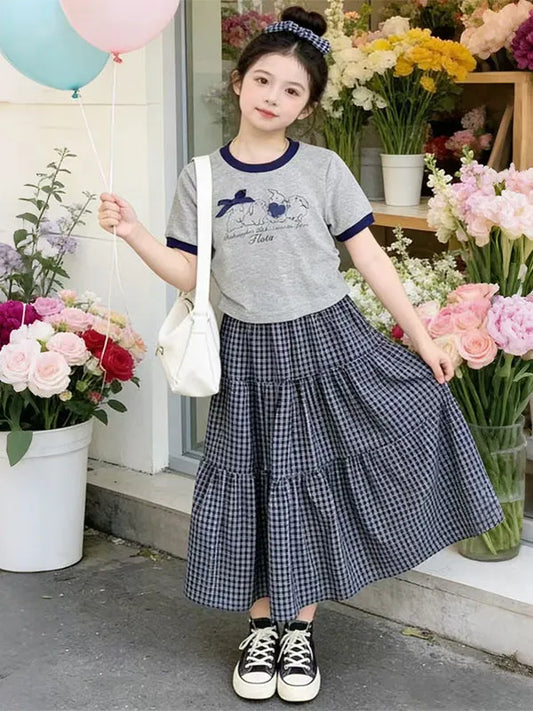Conjunto de Dos Piezas para Niñas, Camiseta de Manga Corta y Falda Midi, Informal, Transpirable, Ligero, Cómodo y Moderno, Ro...