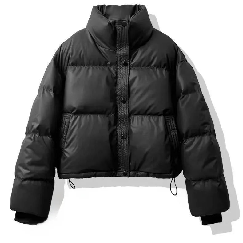 Nueva Chaqueta Corta de Mujer 2024 de Cuero PU Grueso con Relleno de Algodón, Estilo Abrigo Acolchado Cálido de Invierno, Ide...