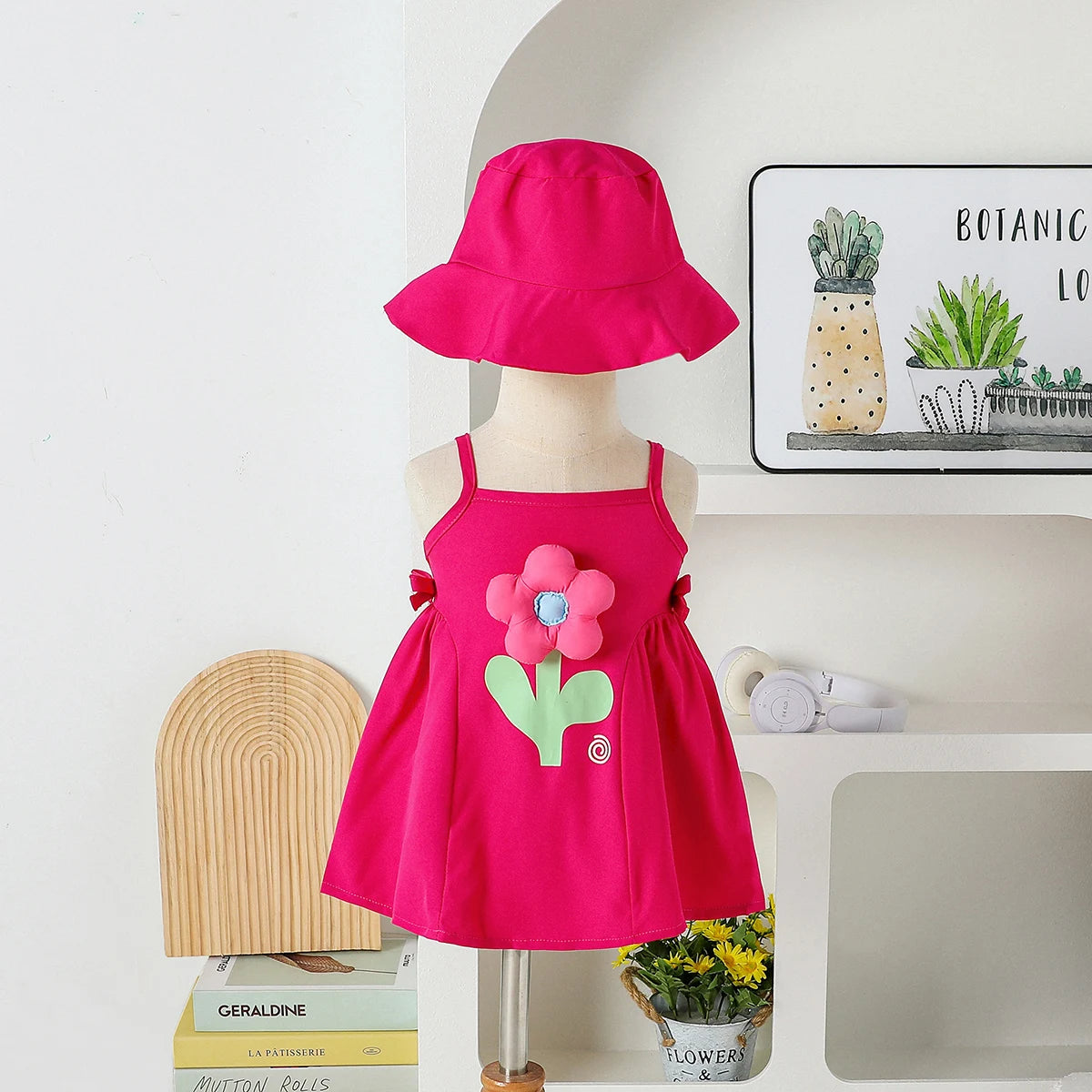 2025 Nuevo vestido sin tirantes liso de verano con sombrero para el sol con flores en 3D, conjunto de dos piezas