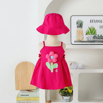 2025 Nuevo vestido sin tirantes liso de verano con sombrero para el sol con flores en 3D, conjunto de dos piezas