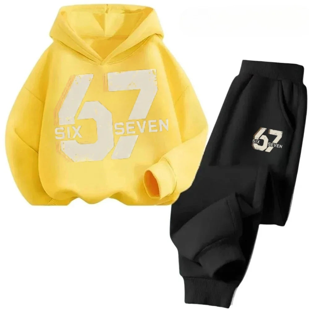 67 conjunto de sudaderas con capucha elegantes para niños de 4 a 13 años, ropa de calle coreana, chándal de bloque, sudadera cómoda a la moda para niños, conjuntos de 2 uds, traje de pantalón