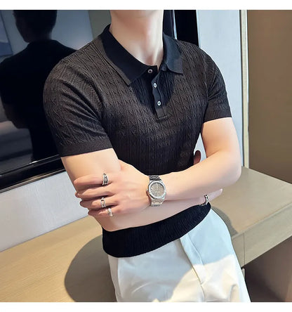 Polo de manga corta de punto Jacquard para hombre, camiseta de Golf con solapa de moda, ajustada, nueva