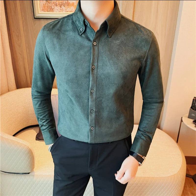 Camisa de ante de alta calidad para hombre, camisas de negocios informales de manga larga para otoño e invierno, blusa de esmoquin para fiesta Social, ropa para hombre 2023