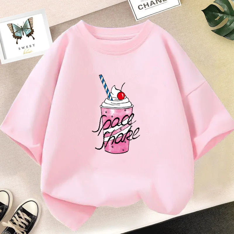 Camiseta bonita de dibujos animados de batido de leche de fresa para niñas, camisetas rosas con gráfico de manga corta para niños