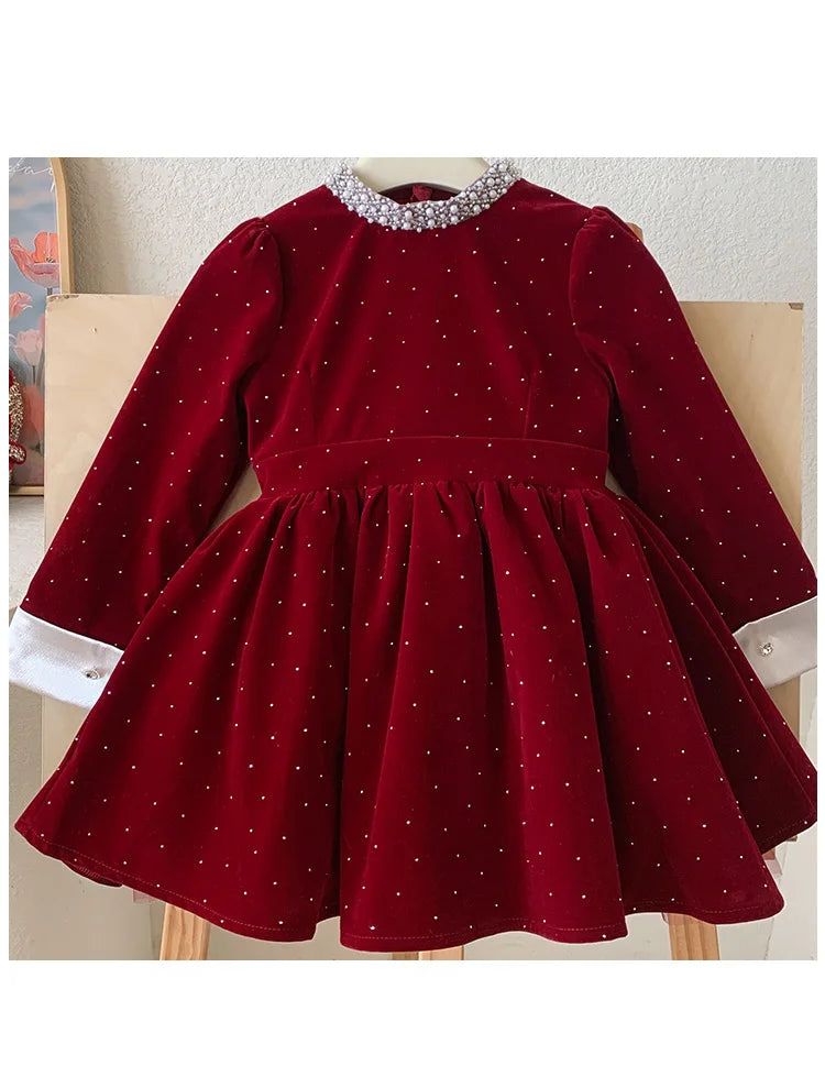 Vestido de Terciopelo Brillante para Niñas, Edición Primavera Otoño Invierno 2026, Vestido de Princesa con Cuello de Perlas