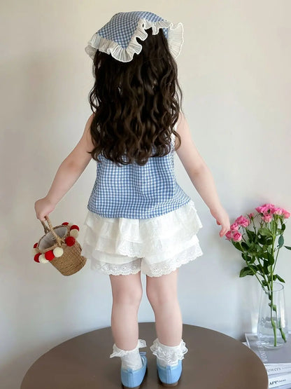 Conjunto de Dos Piezas con Estampado a Cuadros para Niñas, Top Halter con Cuello en V y Falda Corta, Mezcla de Algodón y Poli...