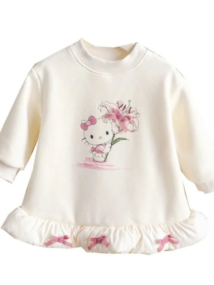 Sanrio Hello Kitty 2025 Otoño Invierno nuevas niñas estampado de gato polar cálido Top con lazo decoración 3D vestido con capucha para niños lindo