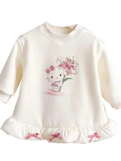 Sanrio Hello Kitty 2025 Otoño Invierno nuevas niñas estampado de gato polar cálido Top con lazo decoración 3D vestido con capucha para niños lindo