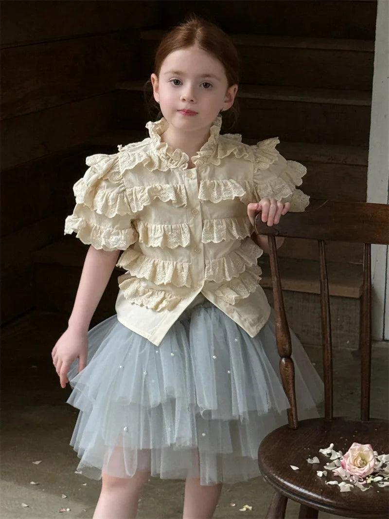 Camisa de Manga Corta con Volantes y Encaje para Niñas, Primavera-Verano 2026, Estilo Retro y Lindo