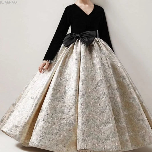 Vestido de fiesta negro de manga larga para niñas, nuevo vestido de desfile para niños para desfile de moda, ropa Formal de actuación de Piano, Otoño Invierno para niños
