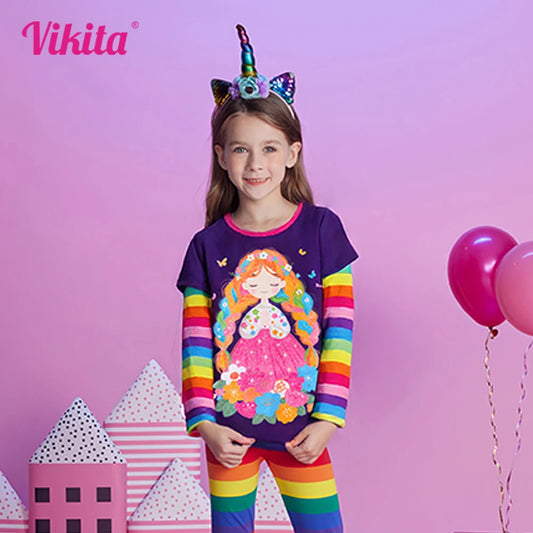 VIKITA-Camiseta con estampado de muñeca de flores para niñas, camisetas y camisetas informales de algodón a rayas de arcoíris de manga larga moradas, disfraces diarios para niños