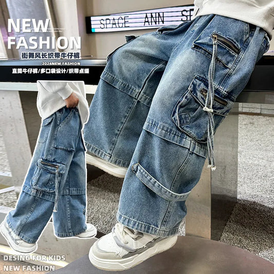 Pantalones vaqueros para niños 2025, nuevos pantalones de primavera y otoño, Pantalones rectos para niños, pantalones vaqueros Cargo de pierna ancha para adolescentes, ropa holgada para niños