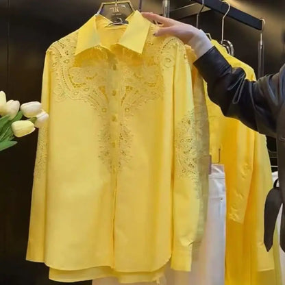 Marca de lujo, blusas de algodón con bordado de encaje calado y lentejuelas brillantes, camisas para mujer, Top informal holgado de manga larga de tendencia 2025