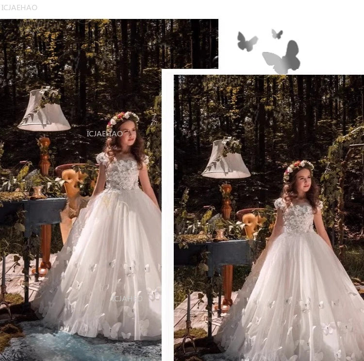 Vestido de fiesta de princesa largo blanco para niñas con tren para actuación de Piano vestido Formal de desfile de cumpleaños de boda para niñas de flores