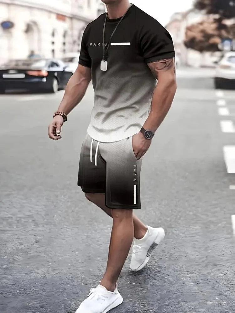 Sencillo de mármol con estampado en 3D, Top y Shorts de cuello redondo para hombres, moda urbana, traje informal de día a día para hombres