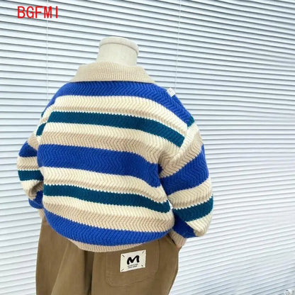 Nuevo suéter para niños, suéter de punto a rayas gruesas, jersey de otoño e invierno para niños, Top informal para niños, abrigo con cuello POLO para bebés y niños pequeños