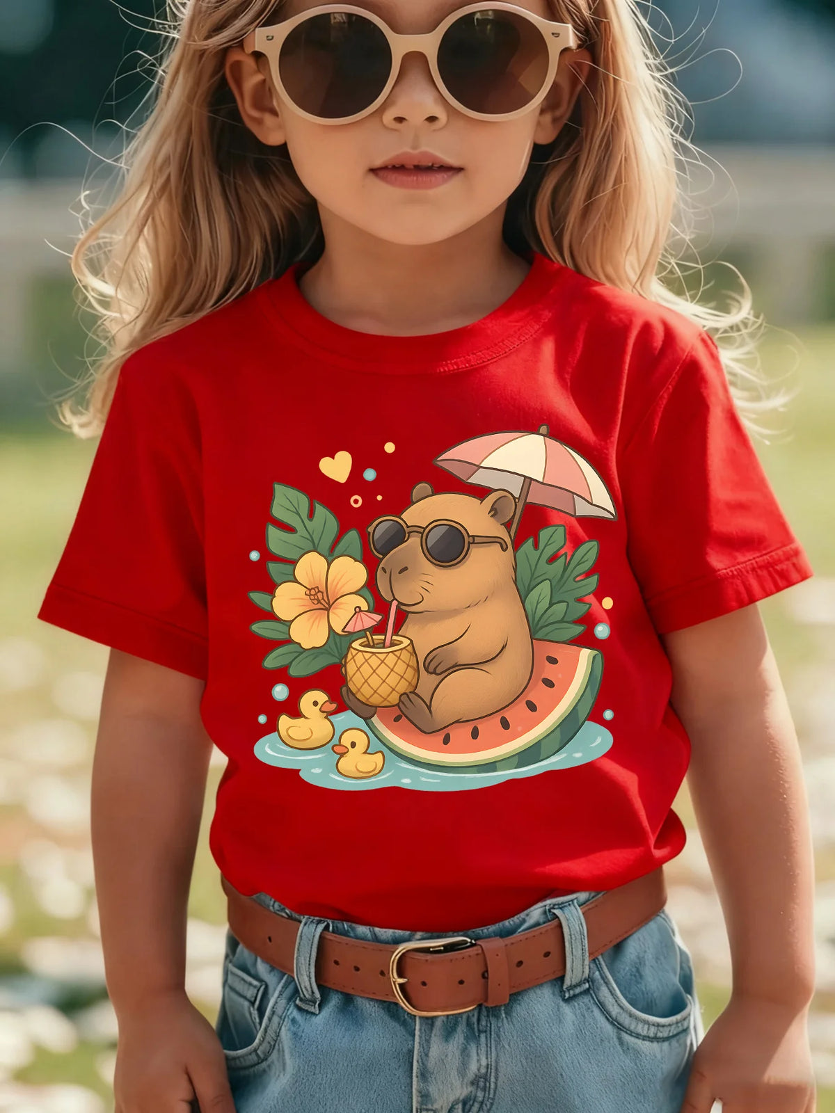Camiseta para niños, camiseta de algodón morada para niñas, camiseta informal de manga corta con estampado de Capibara, ropa para niños, camiseta para niñas