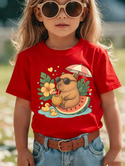 Camiseta para niños, camiseta de algodón morada para niñas, camiseta informal de manga corta con estampado de Capibara, ropa para niños, camiseta para niñas