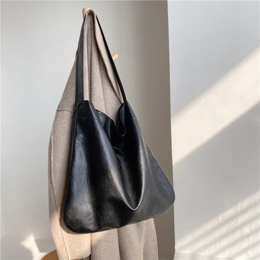 Bolso de hombro de cuero PU Vintage para mujer, bolso Hobo de gran capacidad, bolso de oficina, bolsos de compras simples informales, moda de invierno