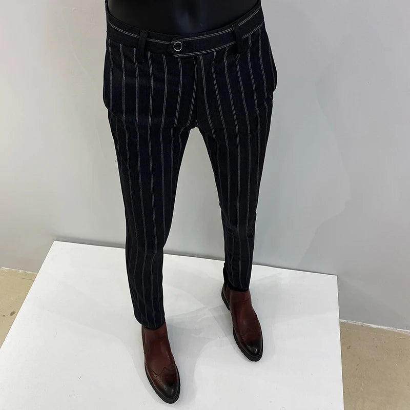 Pantalones de traje a rayas para hombre, pantalón de vestir Social para oficina de negocios, informal, ajustado, para boda, 2022